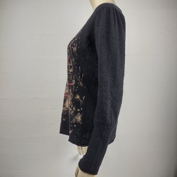 RXB black red tan Fleur De Lis round neck 100% Cashmere sweater ladies Large - Picture 6 of 7